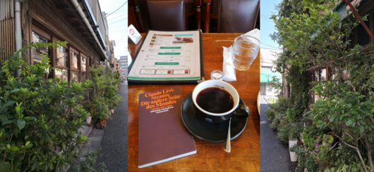 Fotomontage Häuser in Tokio Nähe Ueno Park, Buch im Kaffee