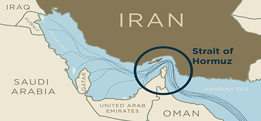 Map of the Strait of Hormuz showing the main shipping lanes used for global oil transport between the Persian Gulf 